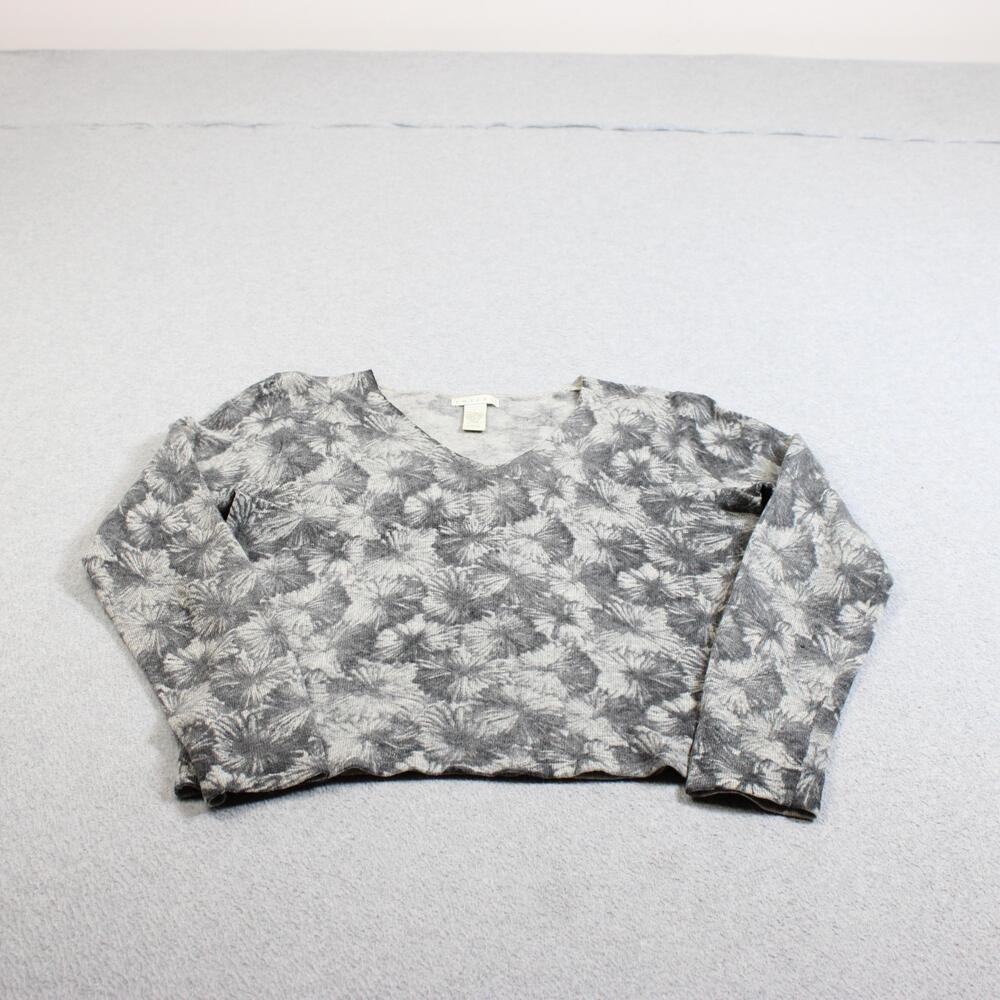 Tweeds Lambswool Angora Sweater Women Large Gray V Neck Floral Boho Y2K 90s READ